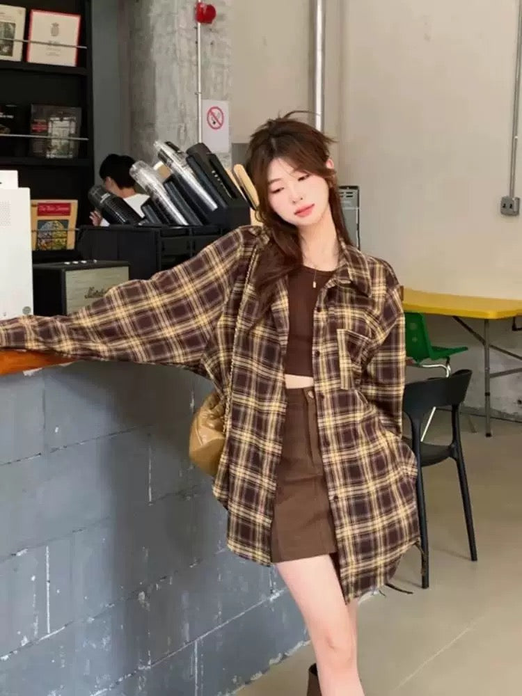 Brown Grid Long Sleeve Shirt