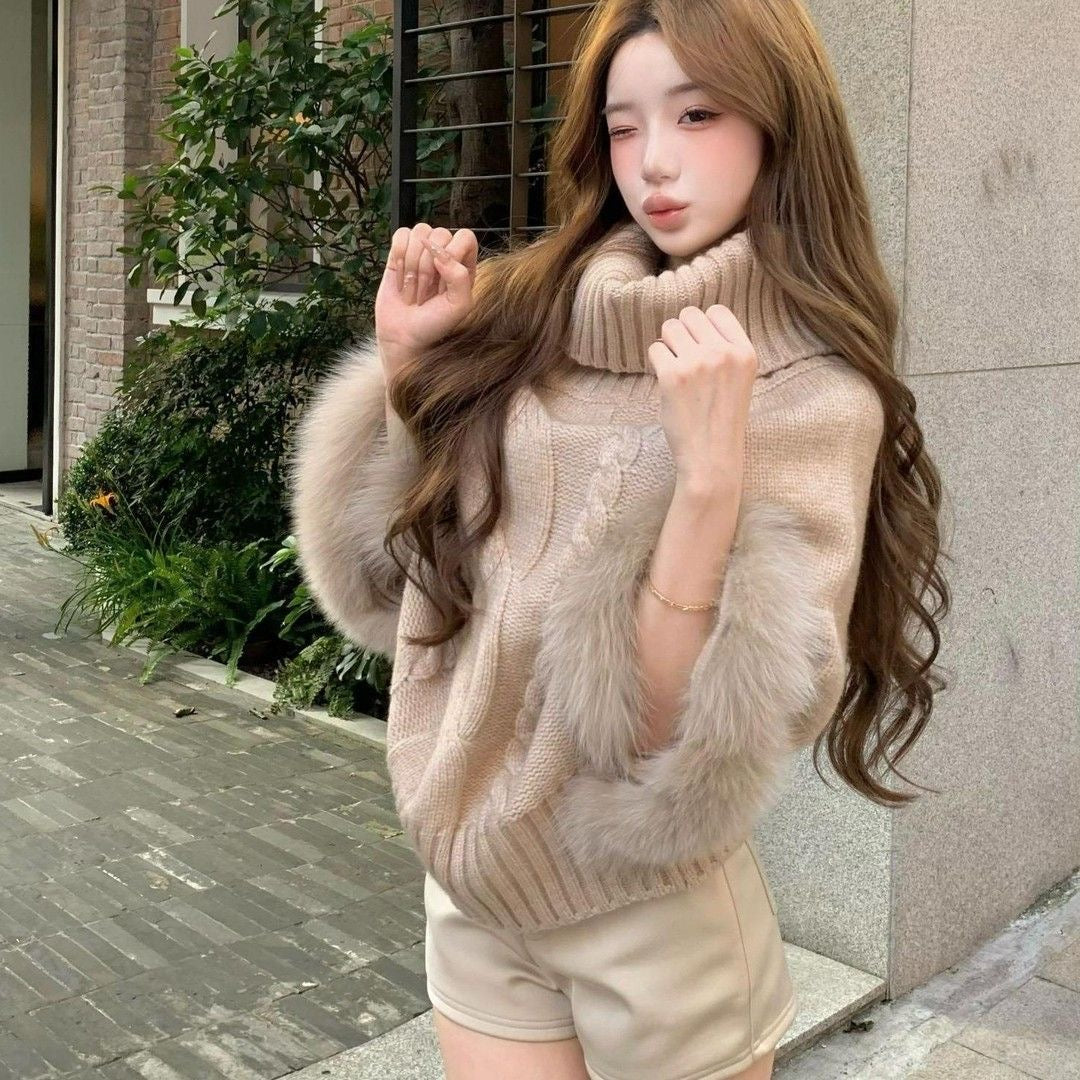 Fur Sleeve Multi Wear Collar Knitted Top (Cream, Brown)