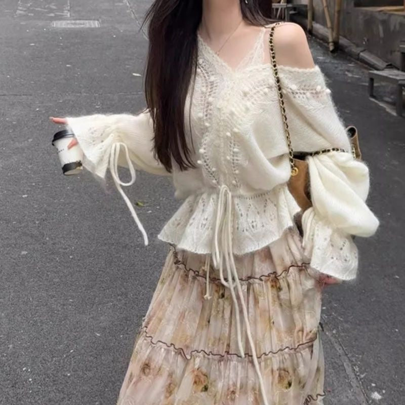 Lantern Sleeve Knitted Cardigan Top