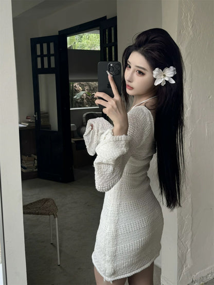 U Collar Knitted Long Sleeve Two Piece Set (S)