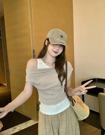 Khaki Mix White Knitted Top