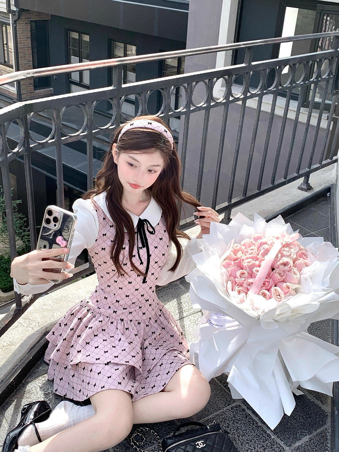 Premium Pinky Bow Long Sleeve Dress