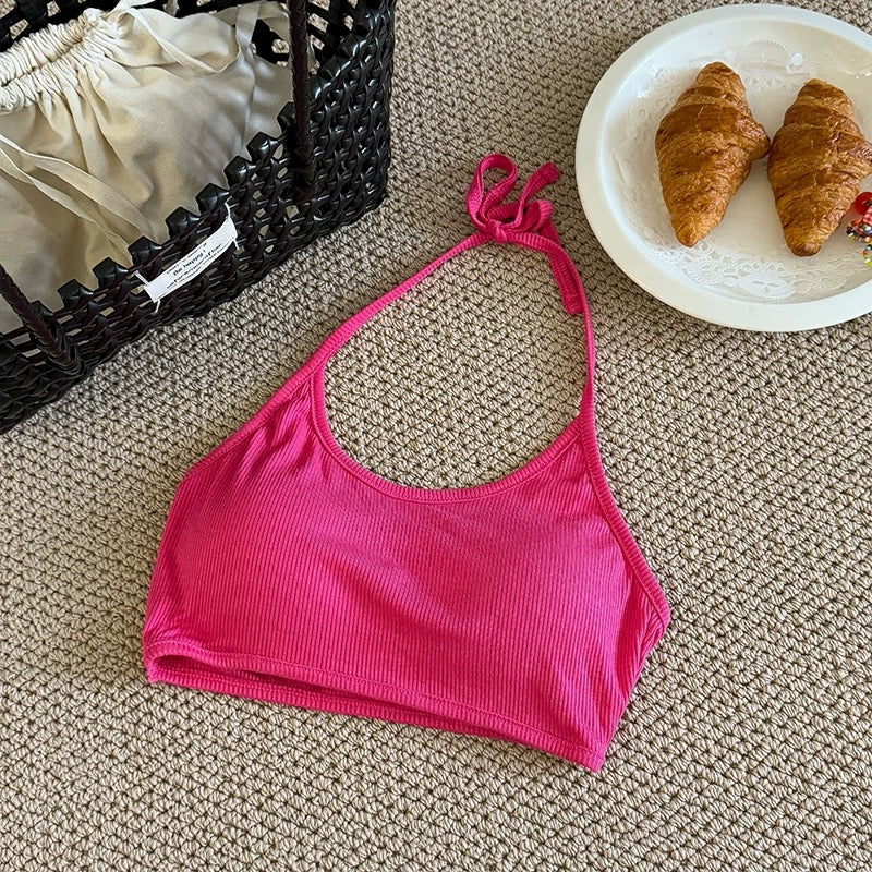Classic U Collar Strap Top (Pink, White)