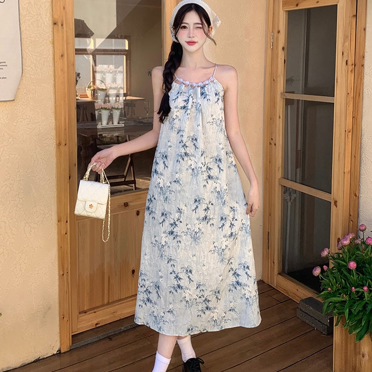 Floral Print Blue Long Dress