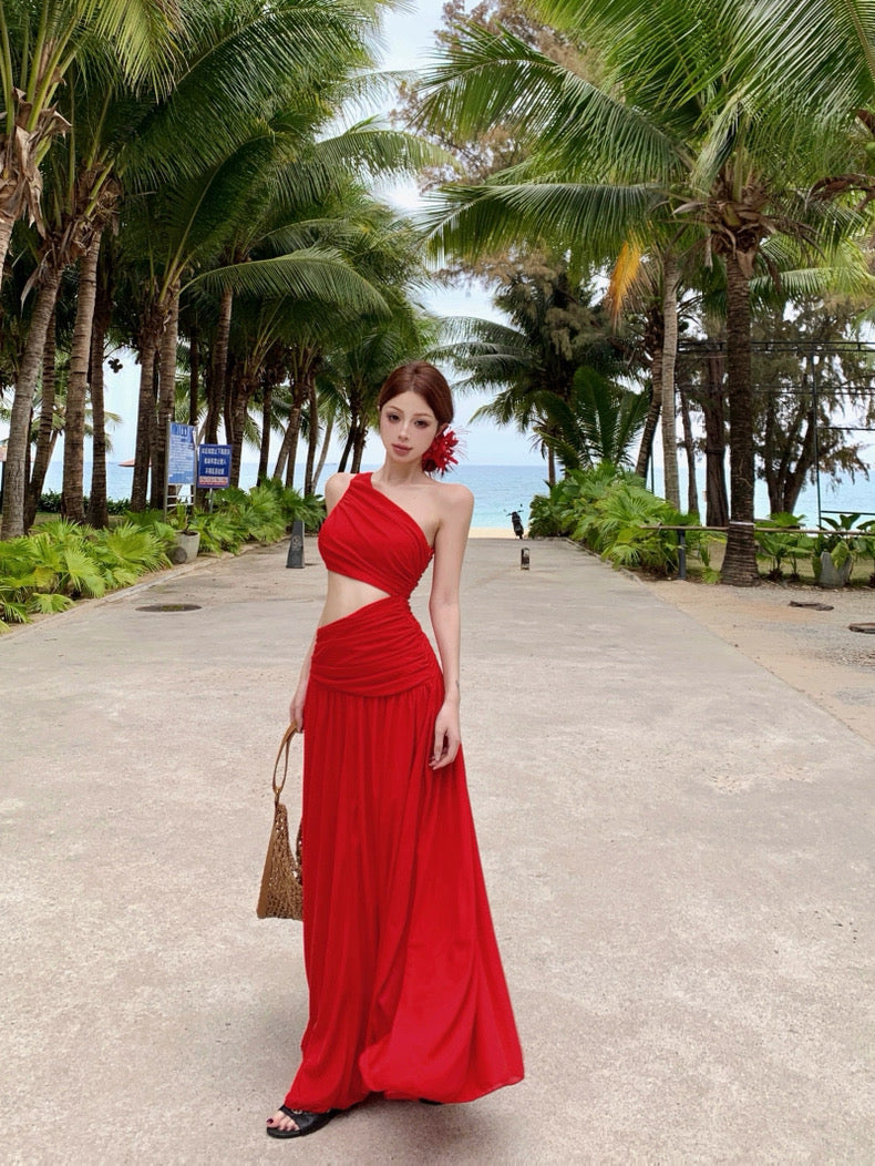 Side Waist Cut Long Dress (White, Red)