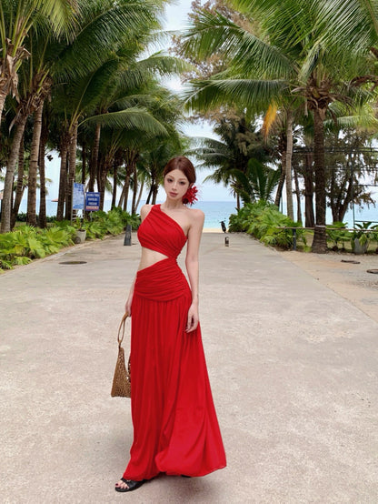 Side Waist Cut Long Dress (White, Red)