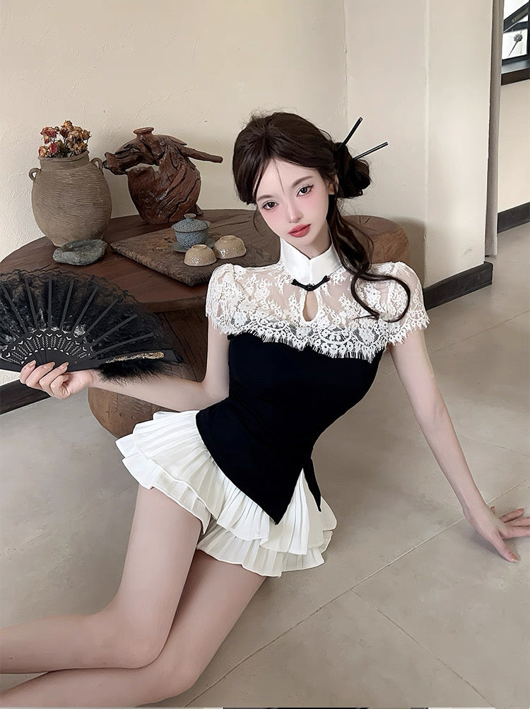 White Collar Black Cheongsam Top
