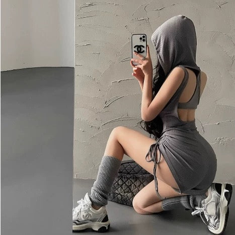 Sleevless Hat Romper (Black,Grey)