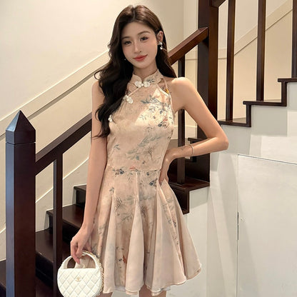 Sleeveless Beige Cheongsam Dress (S)