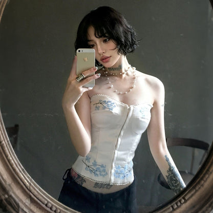 Blue Flo Silk White Tube Top