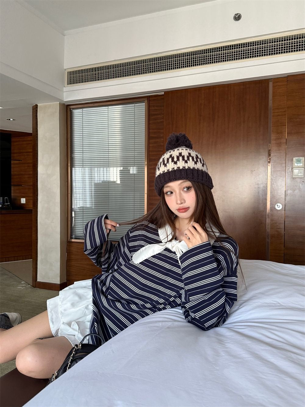 White Collar Stripe Navy Long Sleeve Top
