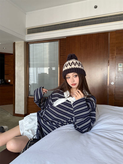 White Collar Stripe Navy Long Sleeve Top