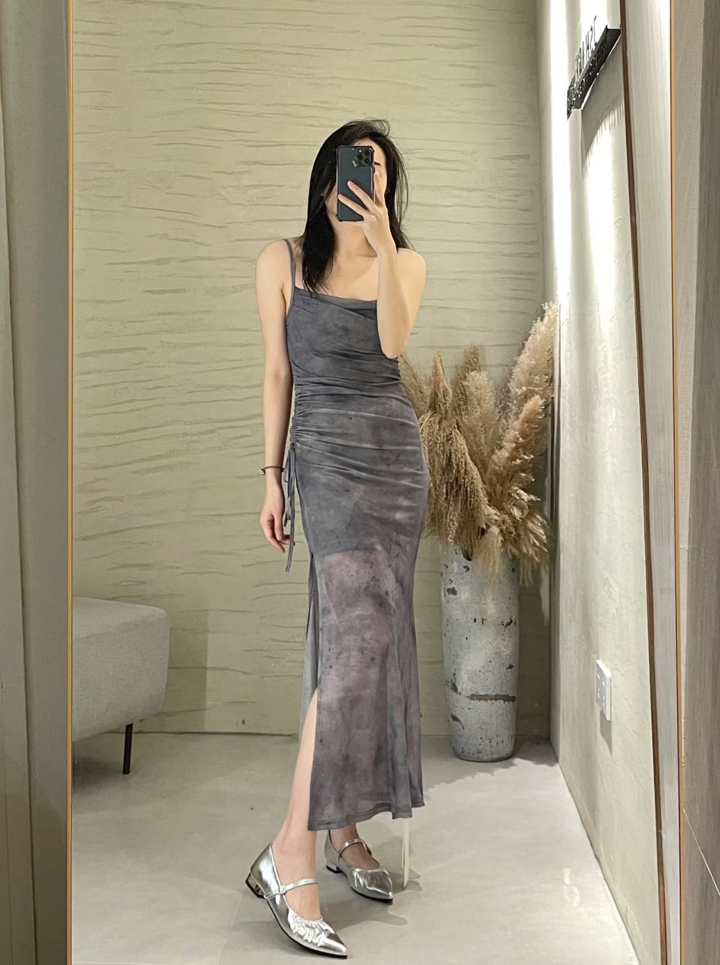 Mesh Side Tie Strap Long Dress (Pink, Blue, Grey)