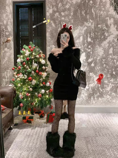 Black Two Wear Off Side Shoulder Long Sleeve Tube Dress