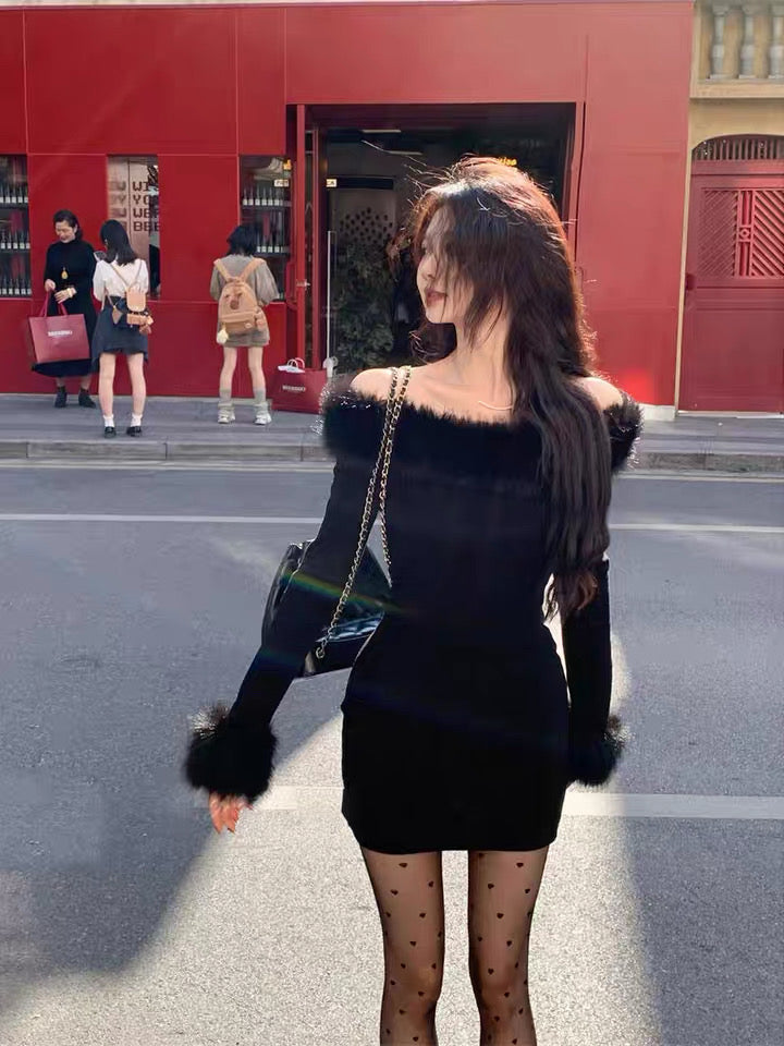 Black Two Wear Off Side Shoulder Long Sleeve Tube Dress