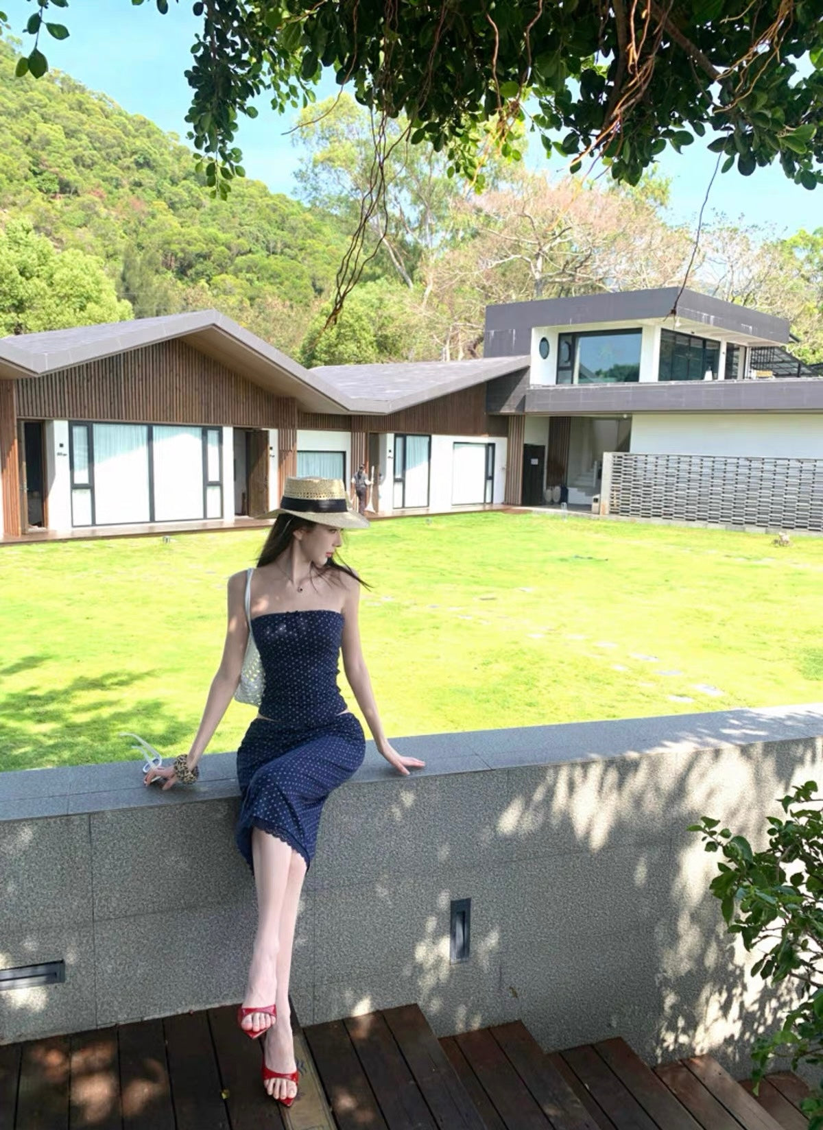 Navy Tube Top + Midi Skirt Two Piece Set