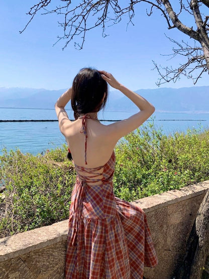 Grid Red Long Dress