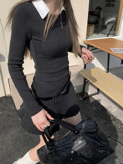 White Collar Black Long Sleeve Dress with Belt