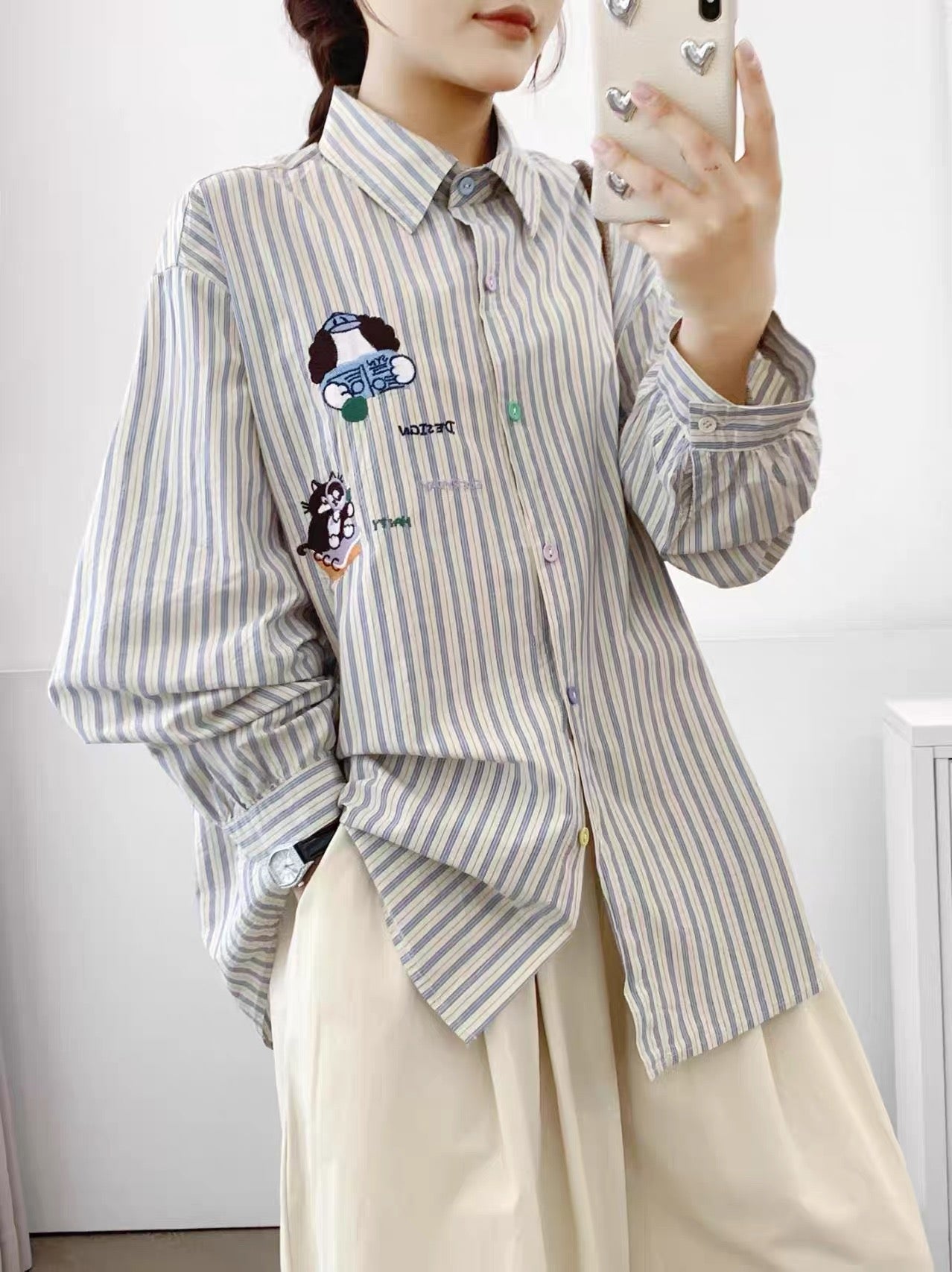 Color Button Stripe Long Sleeve Shirt