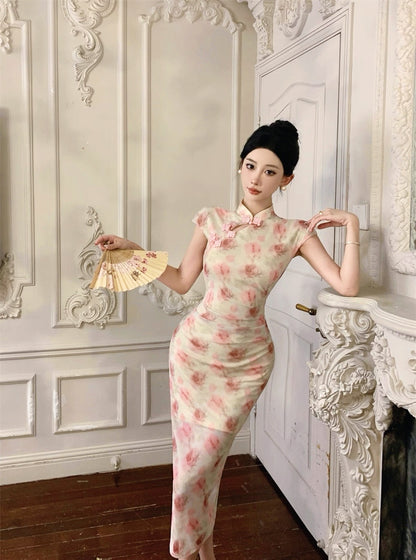 Pink Rose Beige Cheongsam CD020 Long Dress (S)