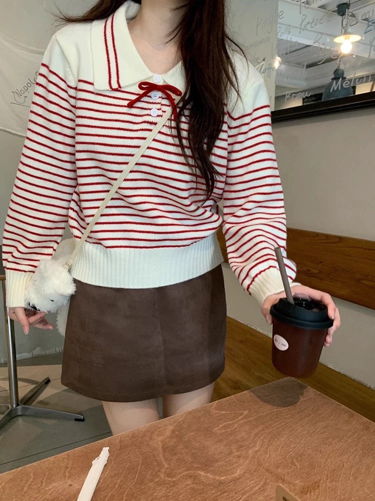 Stripe Long Sleeve Knitted Top (Red, Blue)