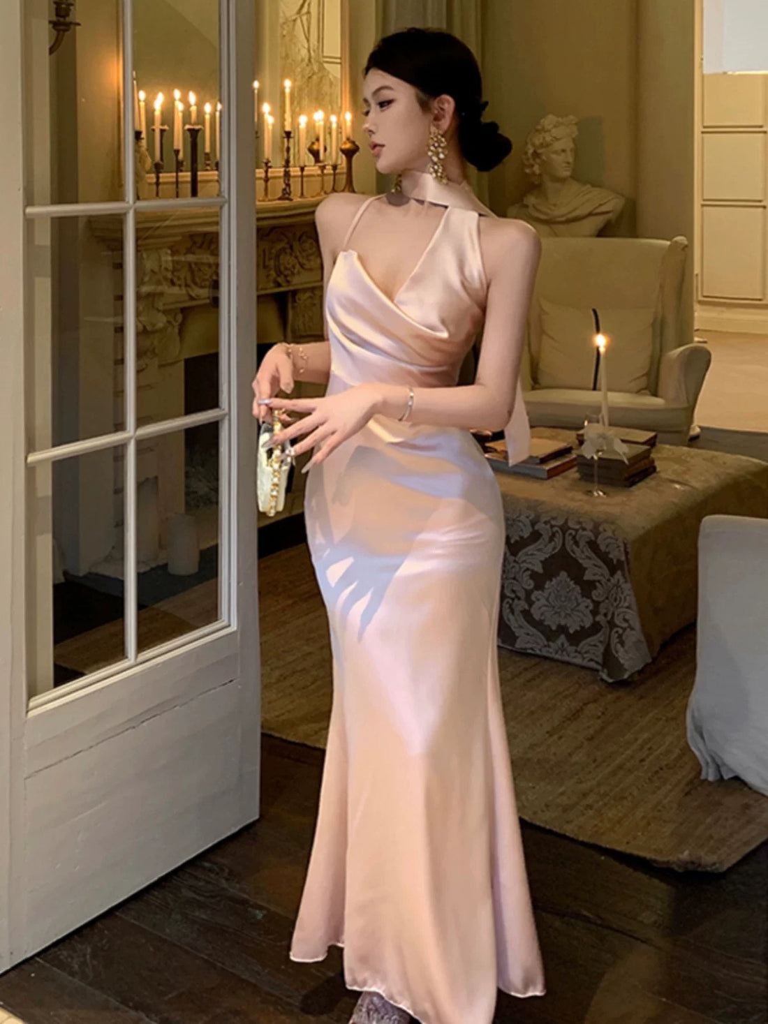Silky Champagne Side Collae Long Dress (S)
