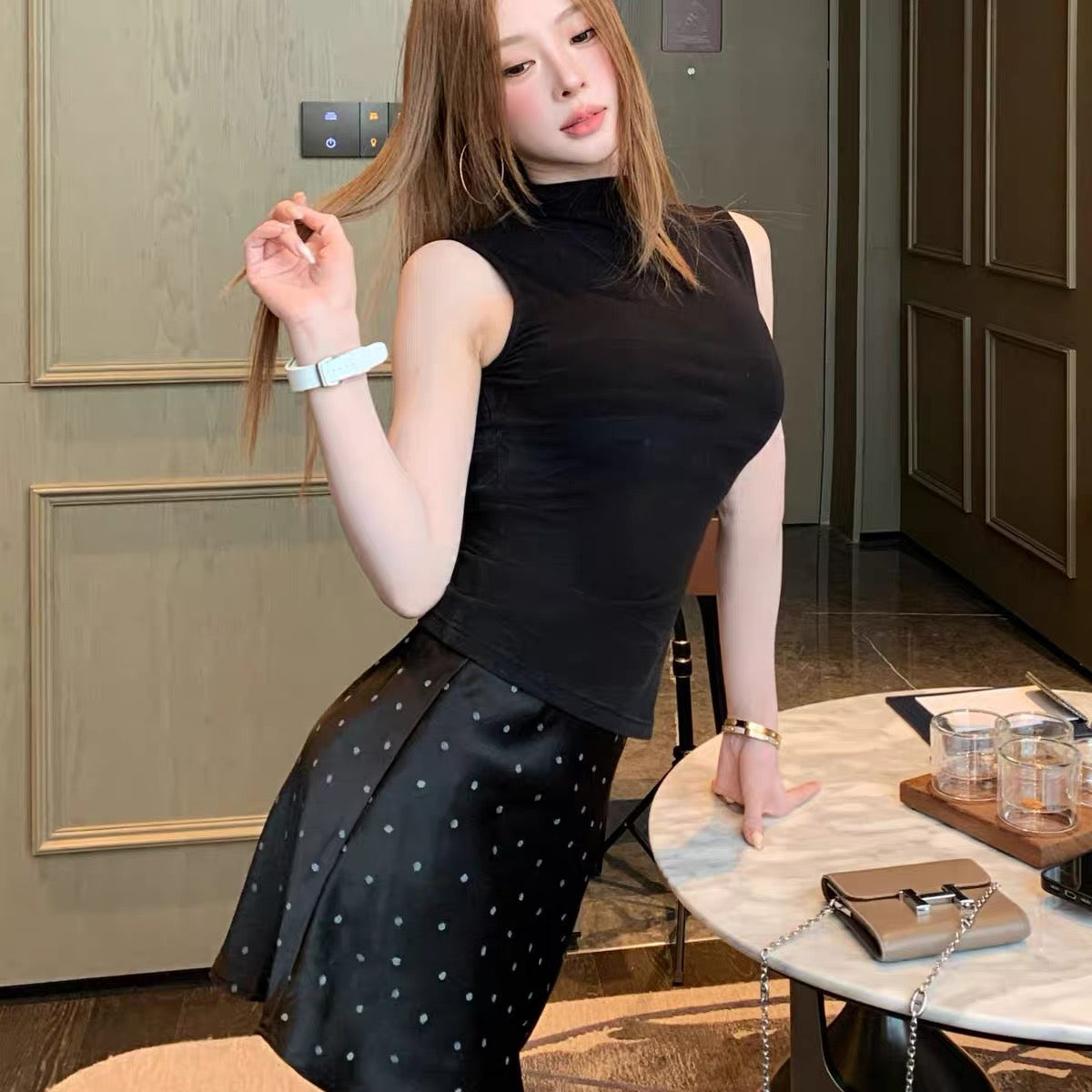 Middle Low Waist Polka Dot Satin Skirt SK38