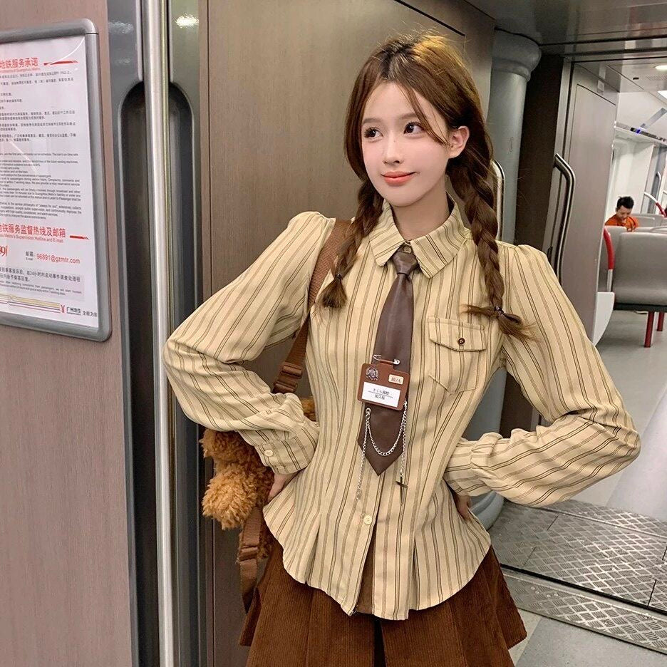 Khaki Stripe Uni Long Sleeve Top With Tie &amp; Tag