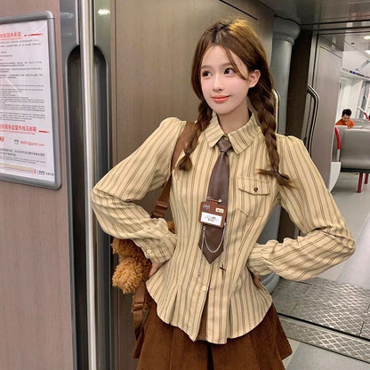 Khaki Stripe Uni Long Sleeve Top With Tie &amp; Tag