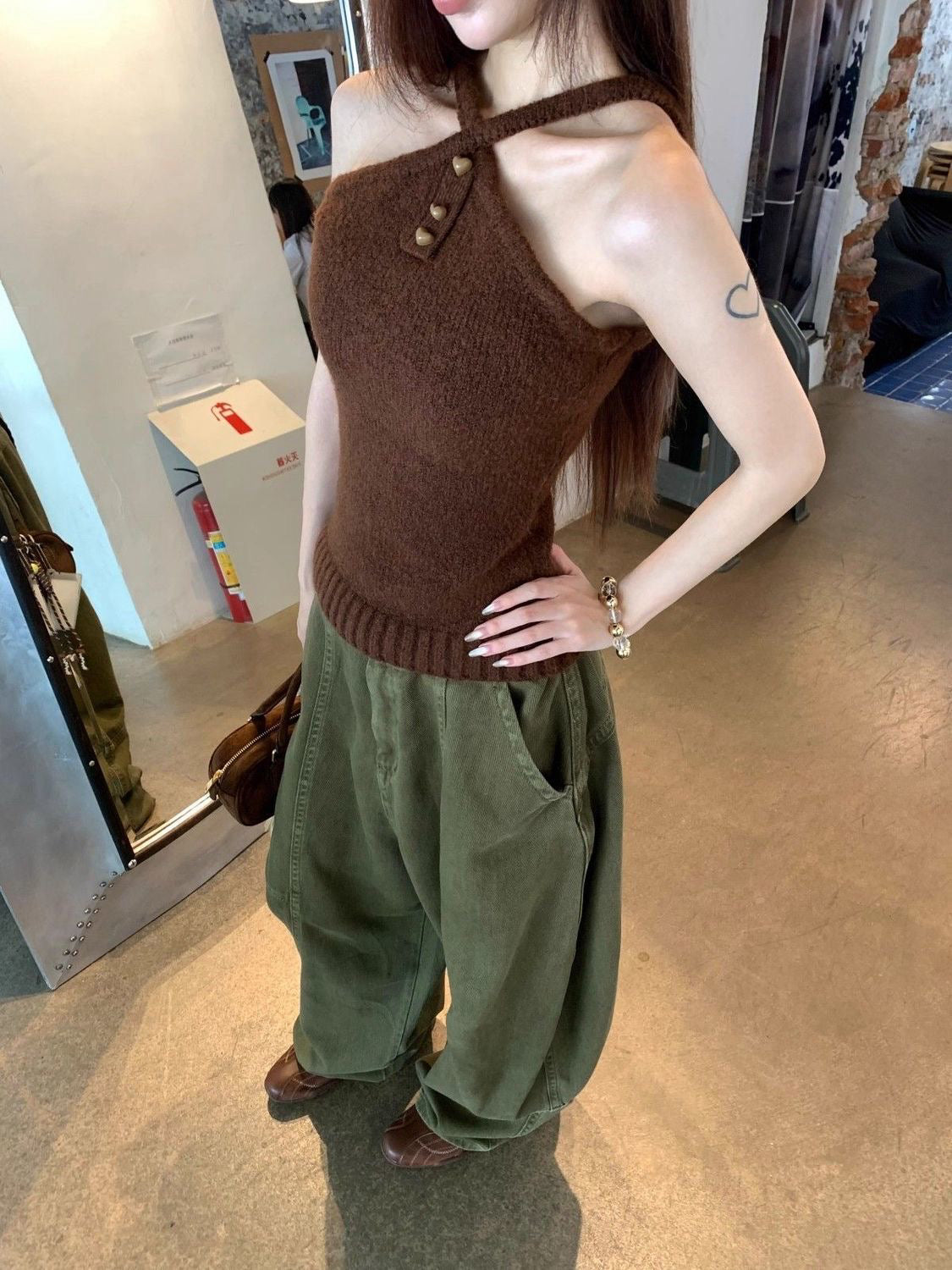 Brown Top + Cardigan Two Piece Set