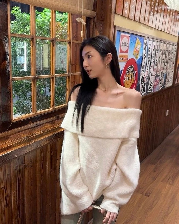 Off Shoulder Cream Long Sleeve Knitted Top
