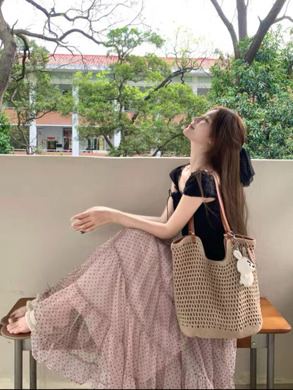 Black Top + Pink Polka Dot Mesh Skirt Two Piece Set