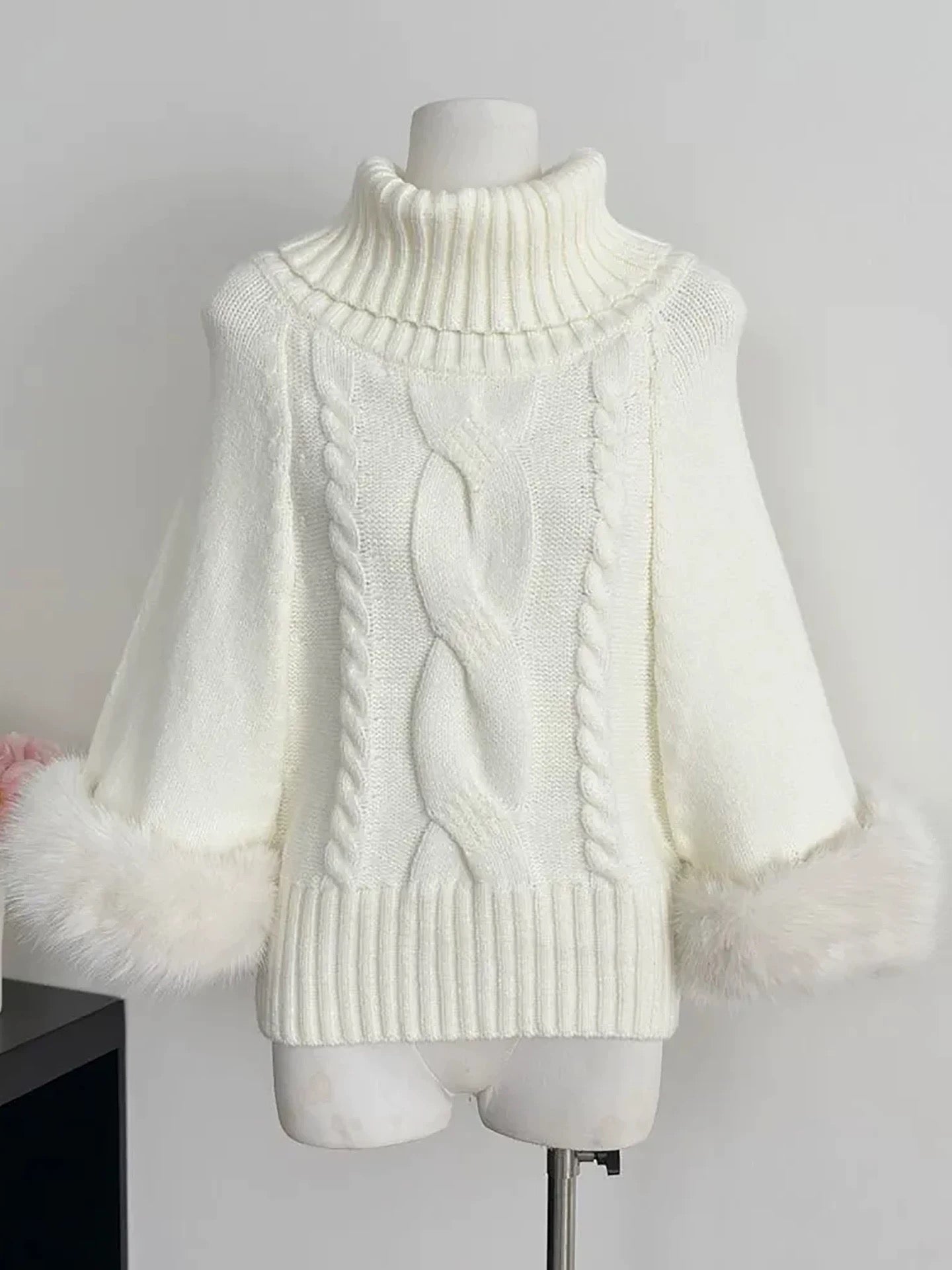 Fur Sleeve Multi Wear Collar Knitted Top (Cream, Brown)