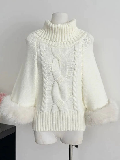 Fur Sleeve Multi Wear Collar Knitted Top (Cream, Brown)