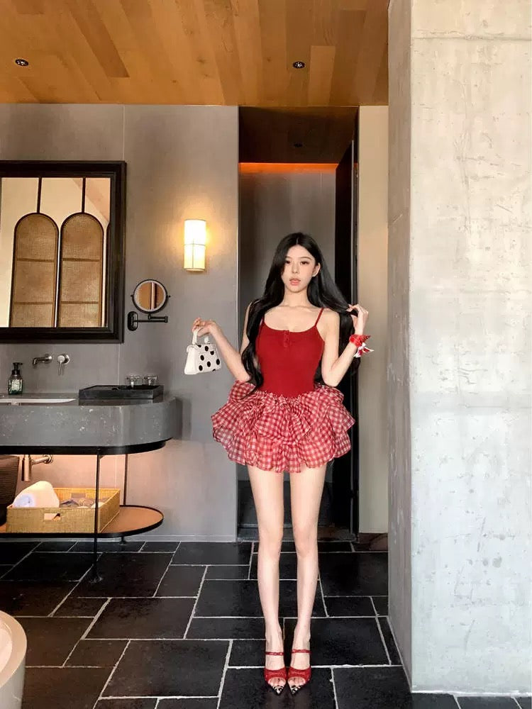 Red Top + Ginham Mesh Mini Skirt SK16