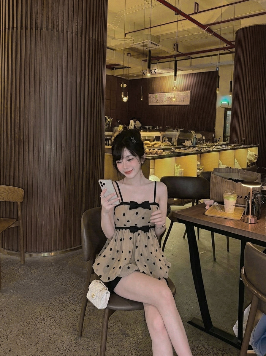 Polka Dot Strap Coffee Tube Top + Inner Shorts