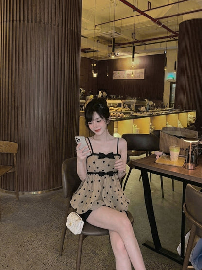 Polka Dot Strap Coffee Tube Top + Inner Shorts