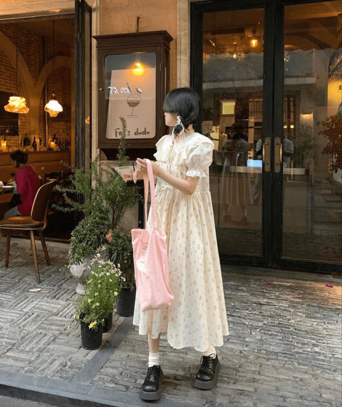 Mini Floral Beige Wide Long Dress