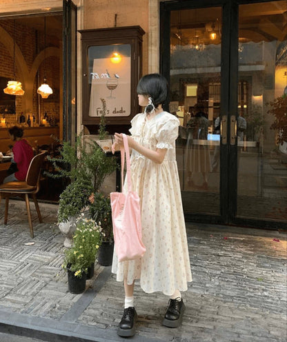 Mini Floral Beige Wide Long Dress