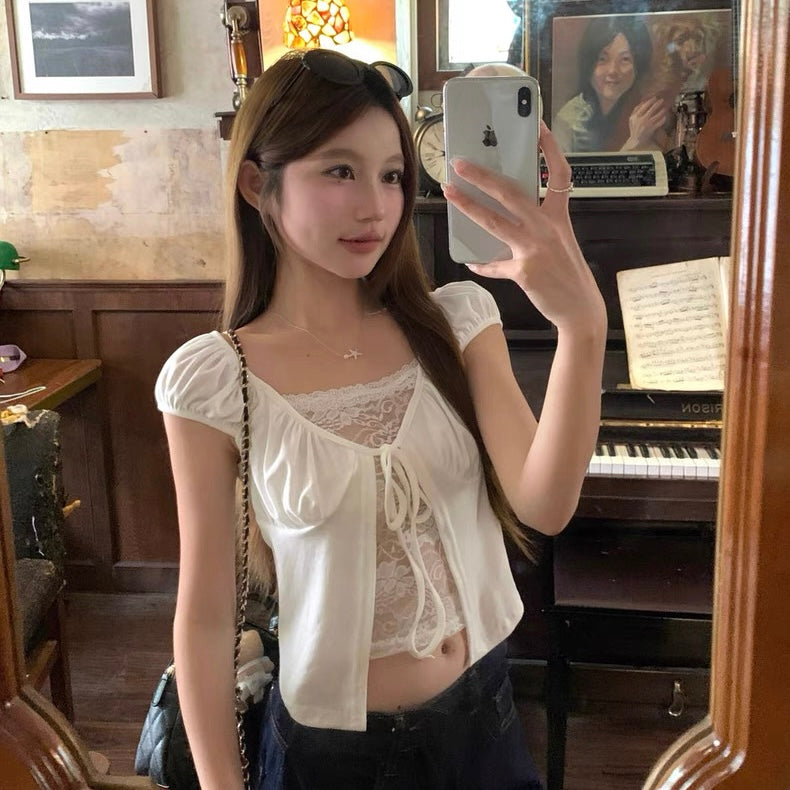 Mix Lacey Puff Sleeve Top (Black)