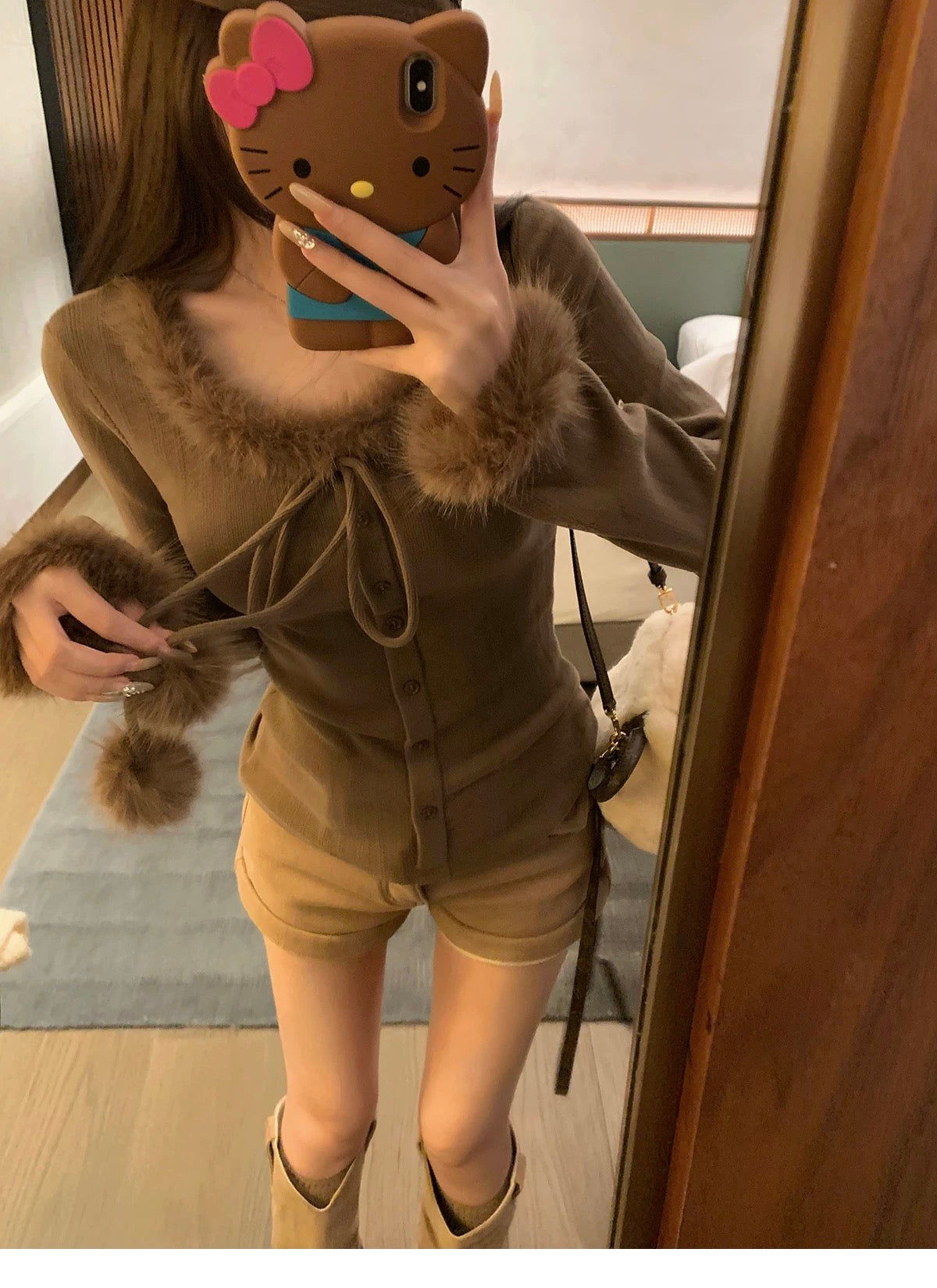 Furry Collar Coffee Knitted Long Sleeve Top