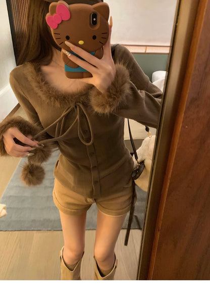 Furry Collar Coffee Knitted Long Sleeve Top