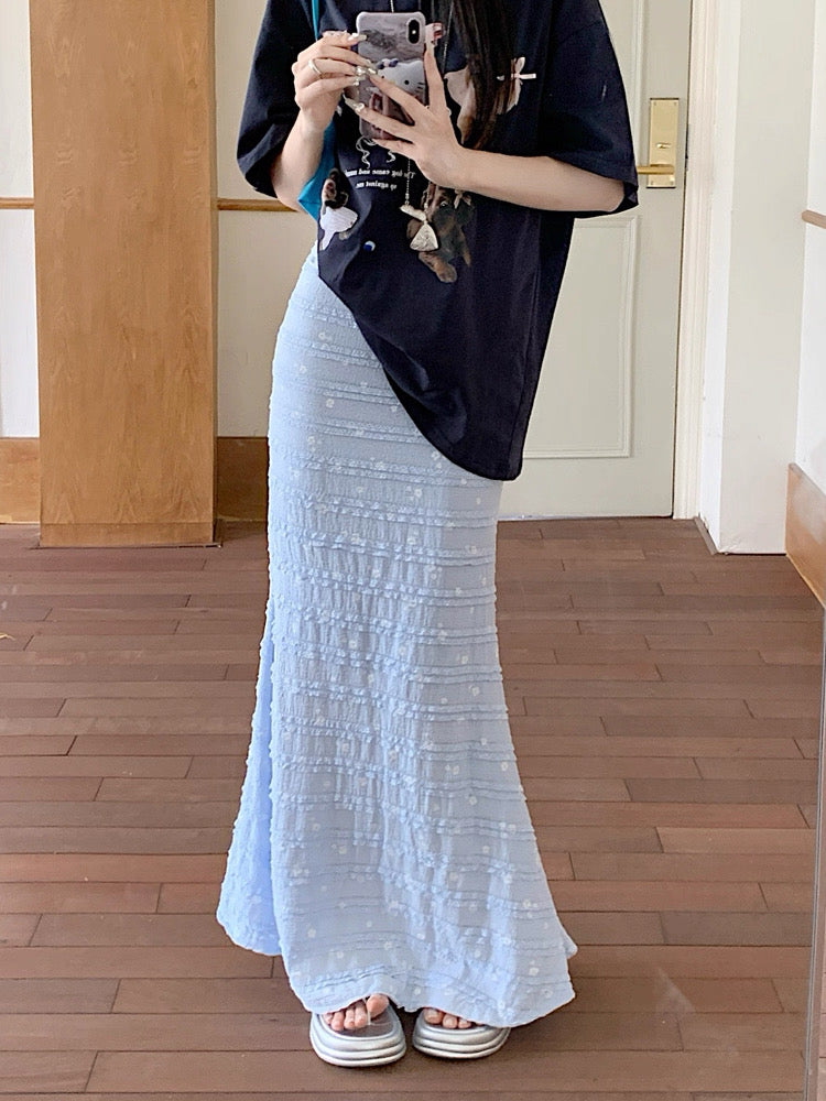 White Mini Flower Long Skirt (Blue, Yellow)