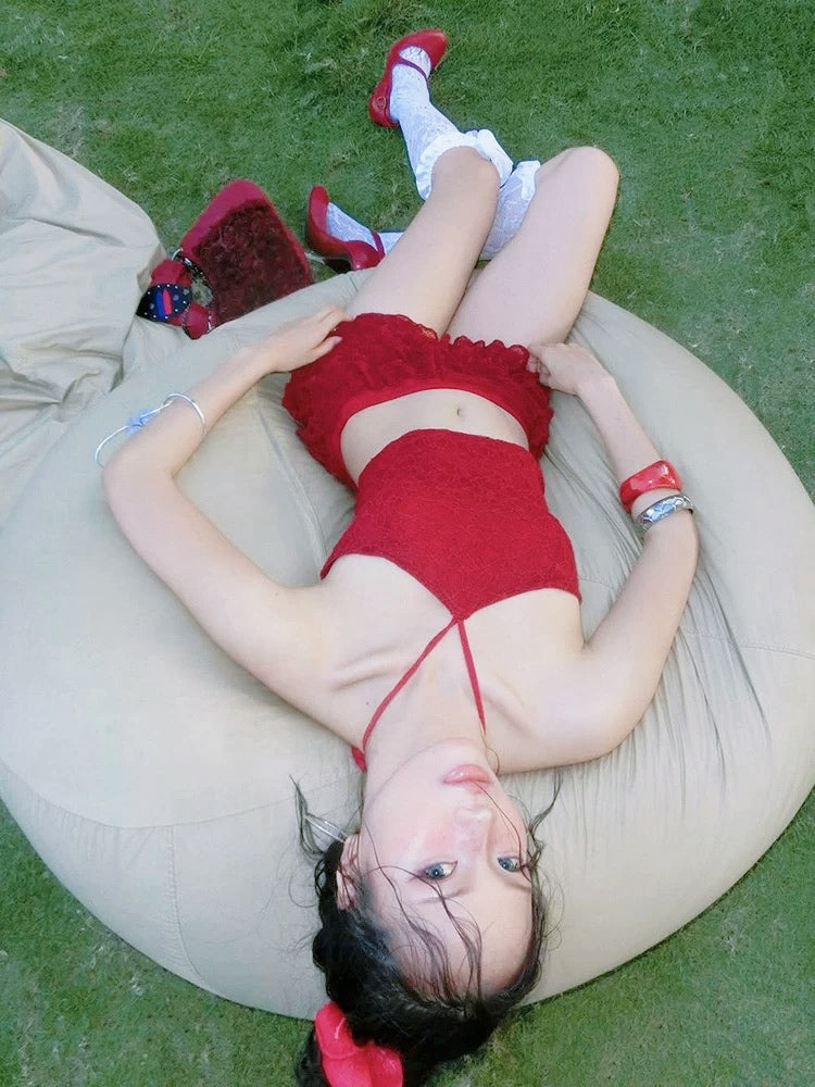 Red Laces Top + Mini Cake Skirt Two Pieces Set