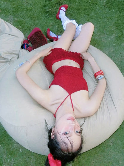 Red Laces Top + Mini Cake Skirt Two Pieces Set