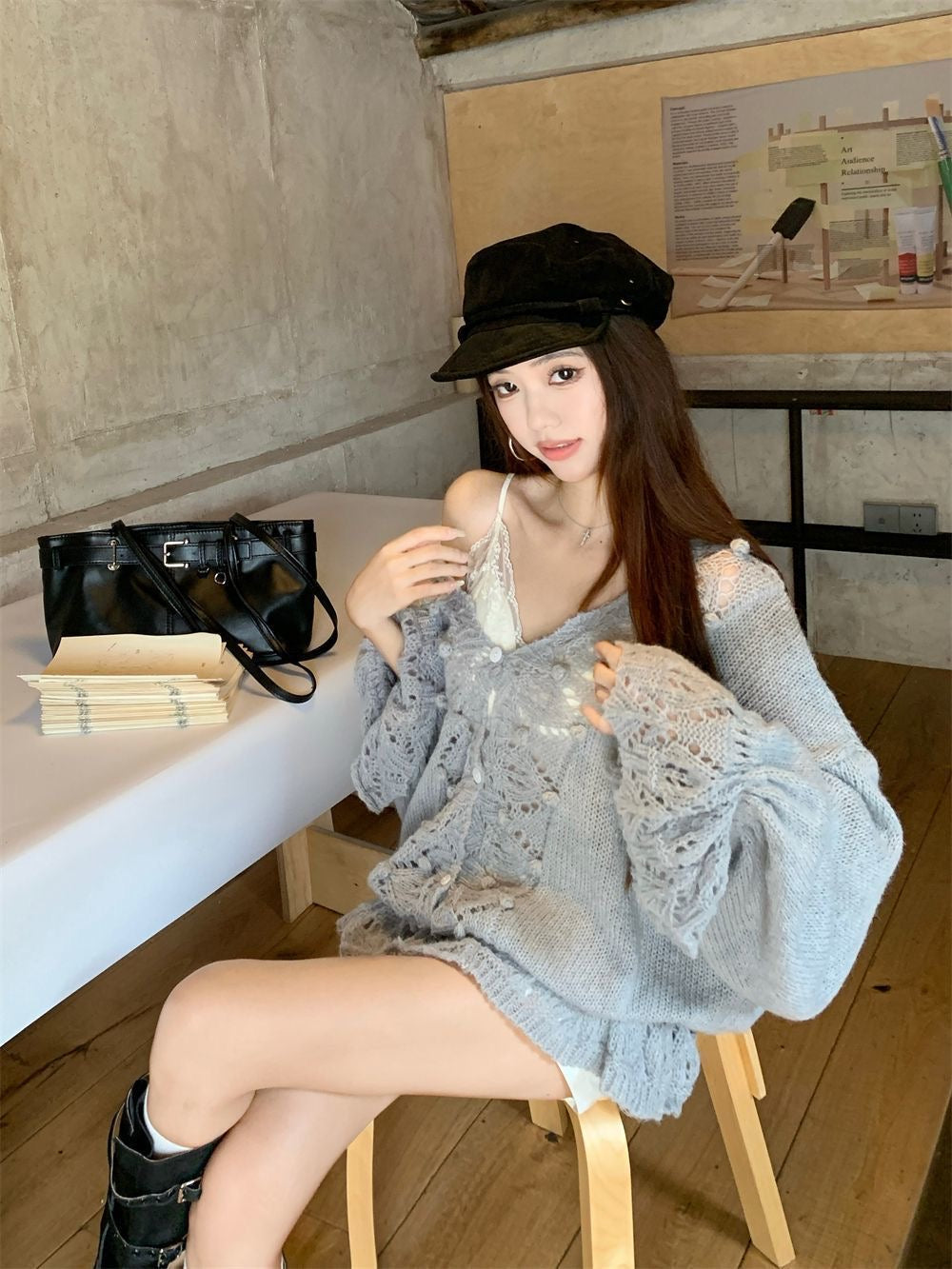 Lantern Sleeve Knitted Cardigan Top