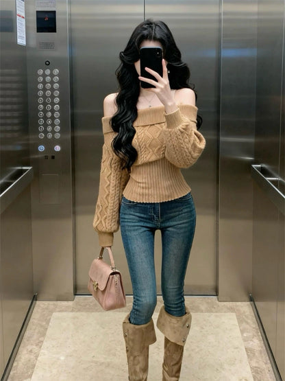 Multi Wear Off Shoulder Long Sleeve Crop Knitted Top With Collar