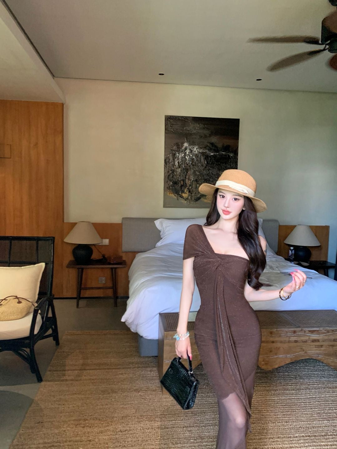 Chocolate Side Strap Mesh Long Maxi Dress
