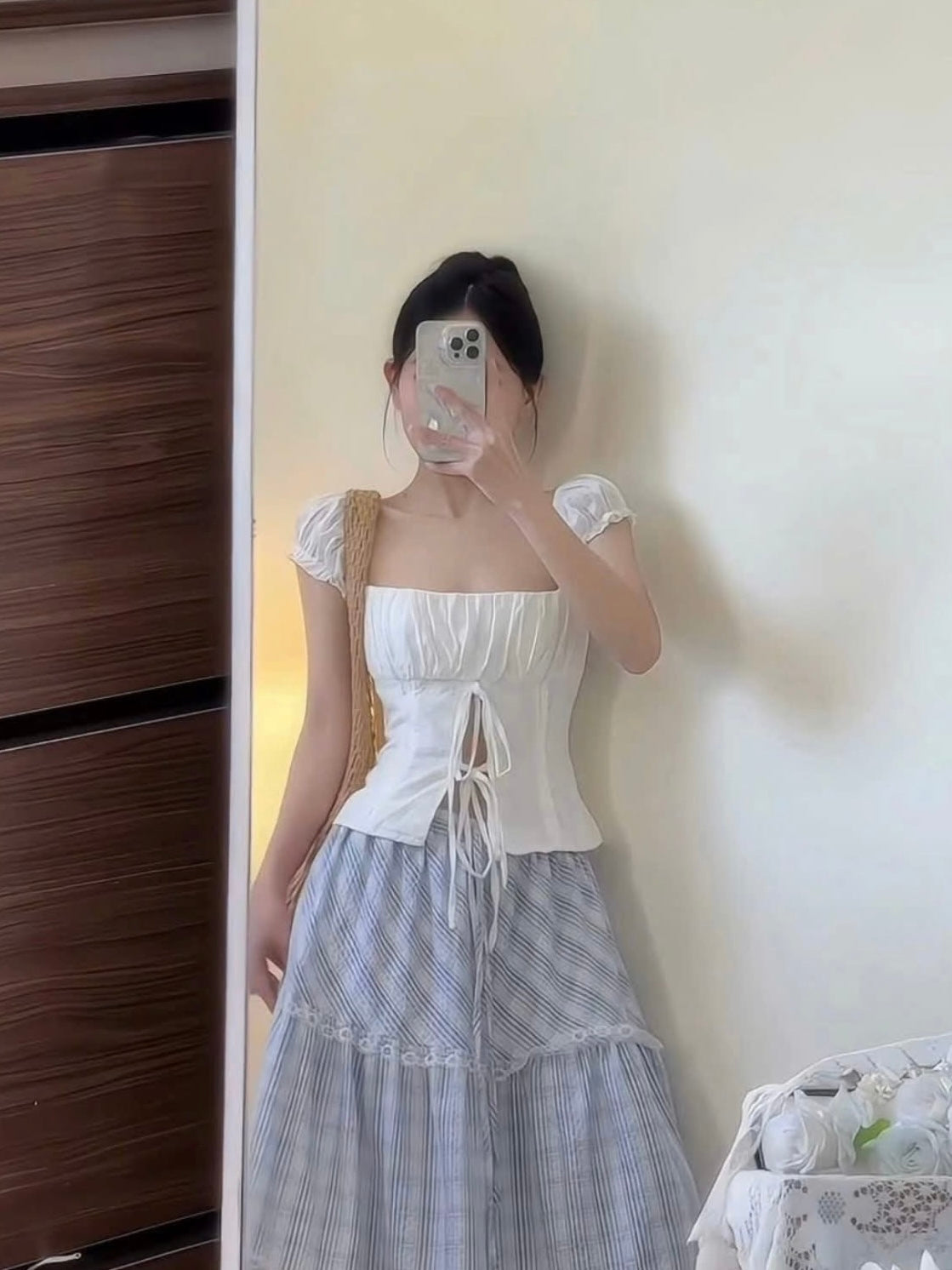 White Top + Blue Long Skirt Two Piece Set