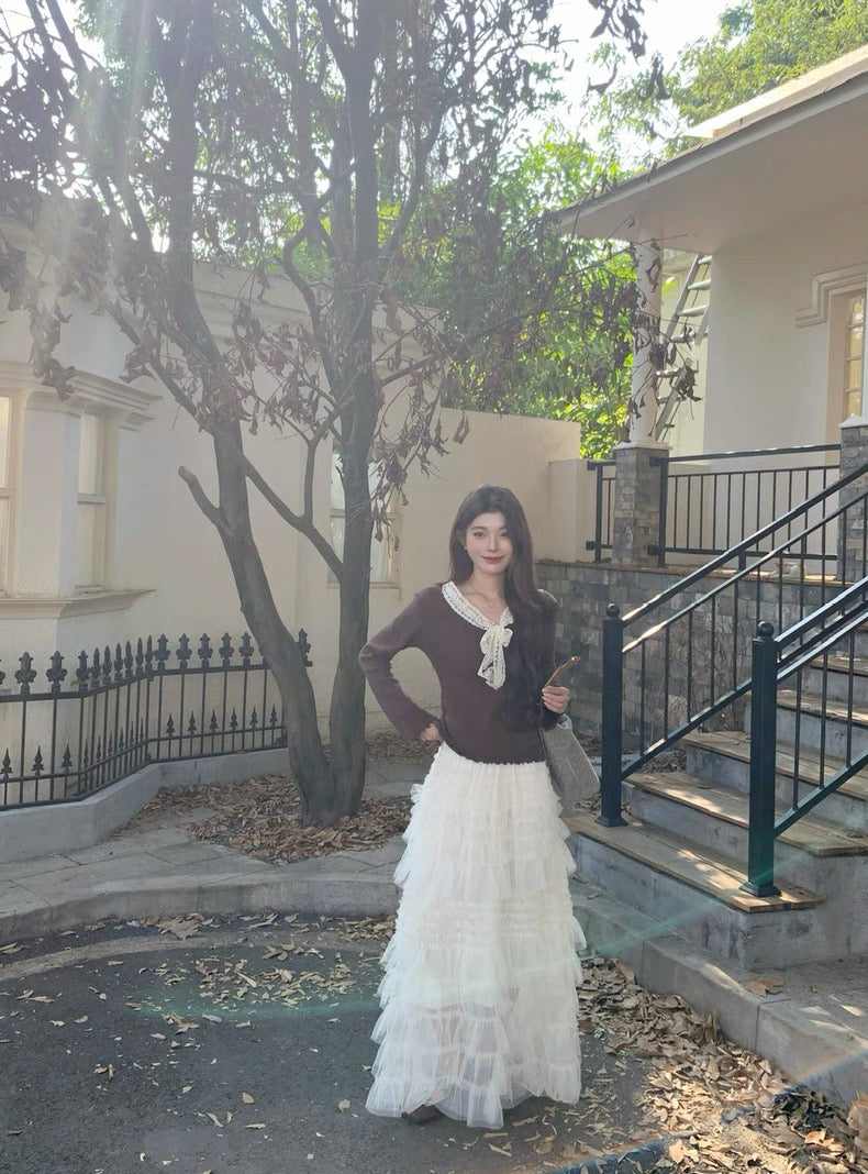 Creamy Layered Mesh Long Skirt